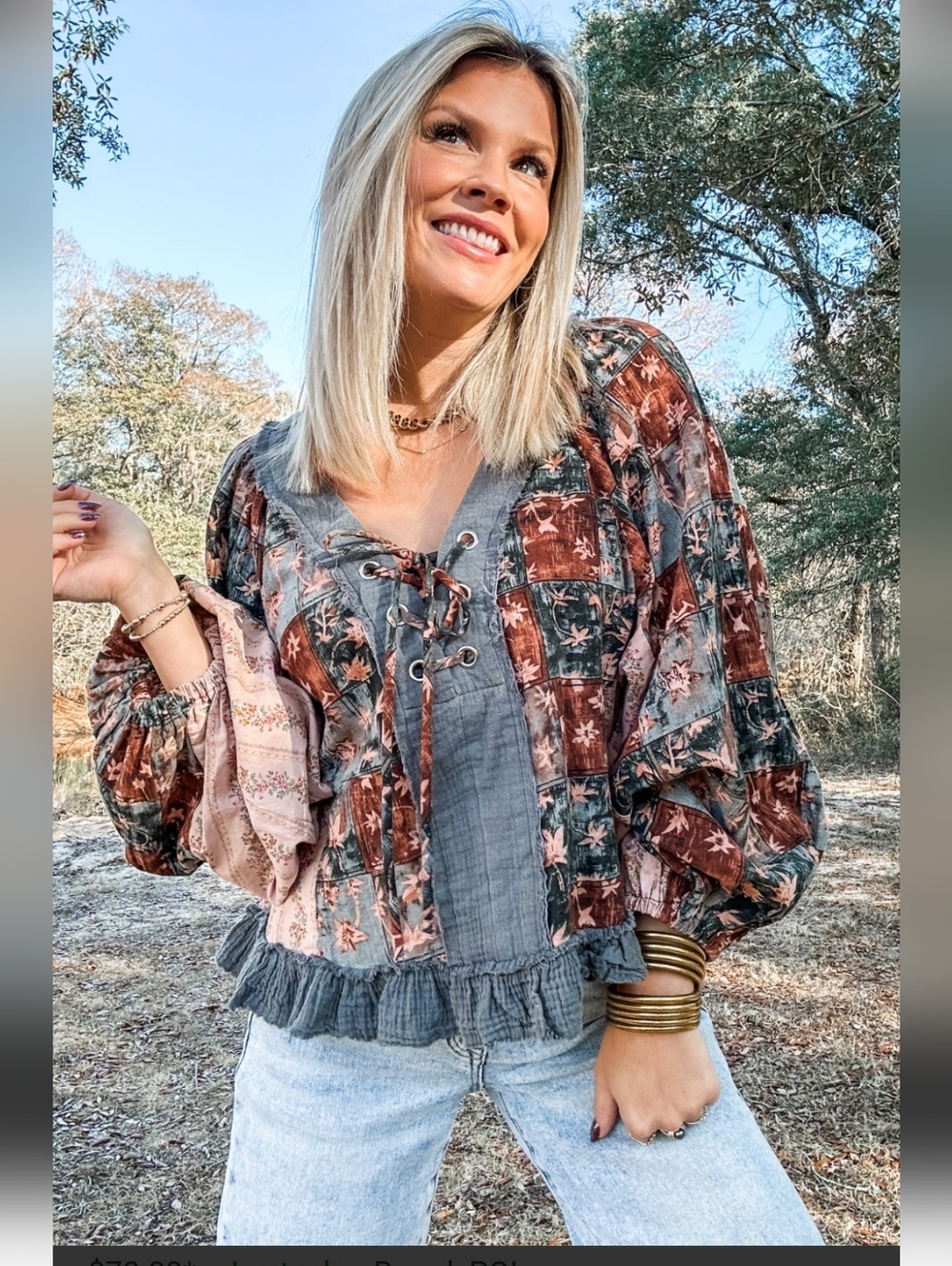 POL Patchwork Boho Blouse – Lace-Up Front, Balloon Sleeves, Cottagecore Top. SM